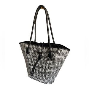 Neiman Marcus Black and White Large Woven Geometric Tote Bag Braided Handles